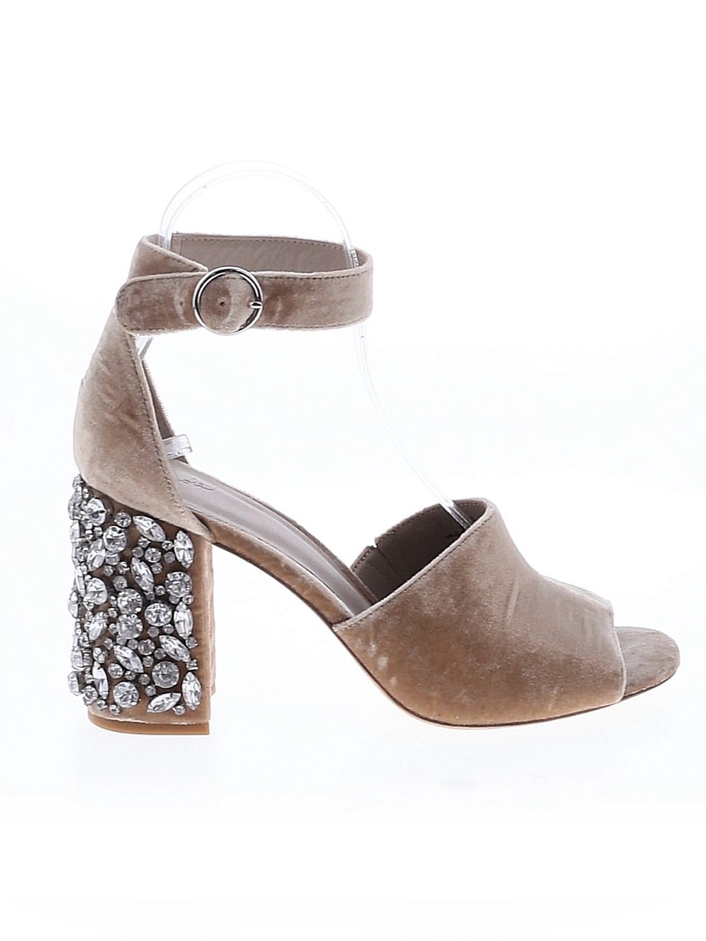 JOIE ~ Beige Plush Velvet Ankle Strap Sandals w/Crystal-Embellished Block Heels